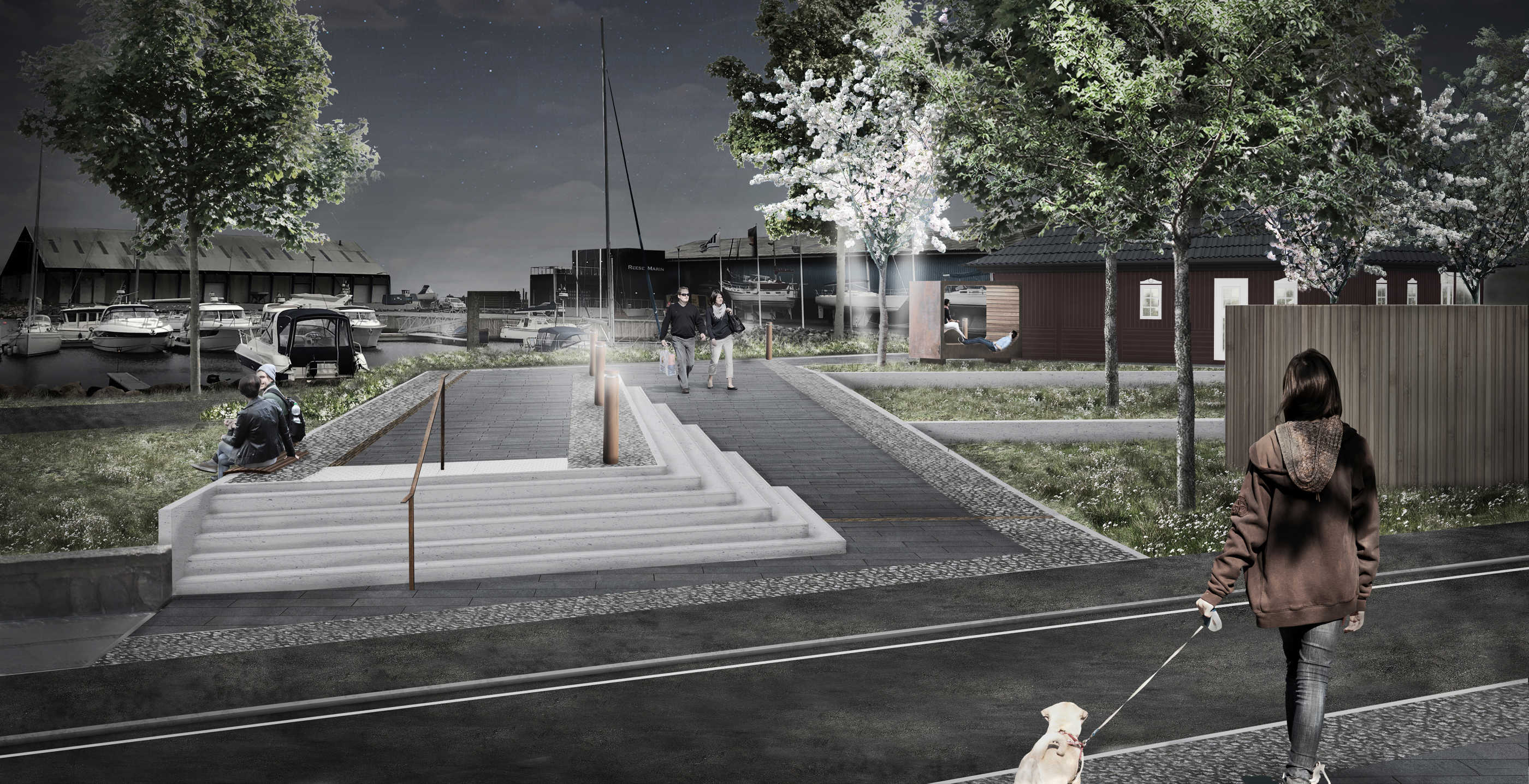 Visualisering af strandpromenaden set fra Skibbroen om aftenen