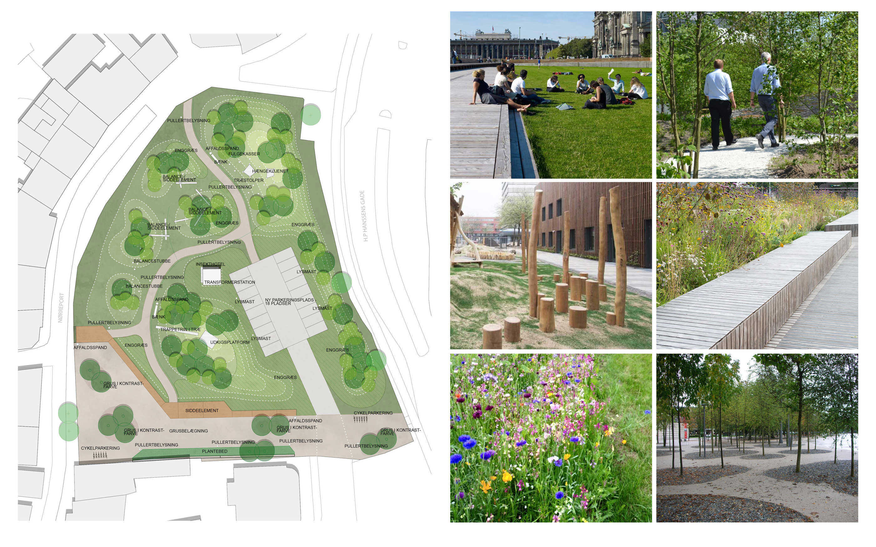 Plantegning af det nye midlertidige byrum samt collage af referencebilleder